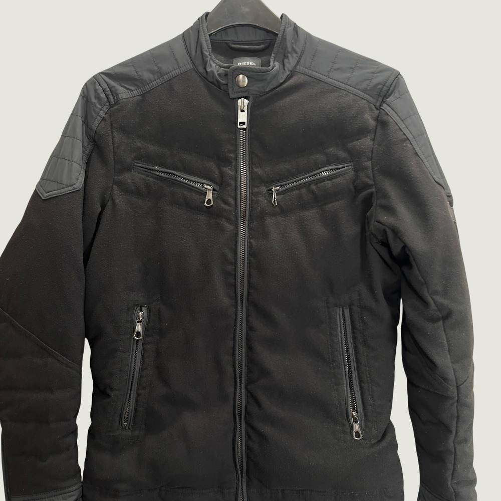 Diesel Womens Black Moto Jacket Quilted Shoulder Zip Biker Coat Small